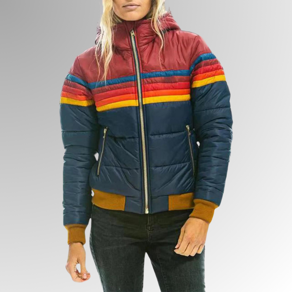 Women’s Retro Color Block Puffer Jacket – Warm Winter Zip-Up Coat