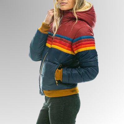 Women’s Retro Color Block Puffer Jacket – Warm Winter Zip-Up Coat
