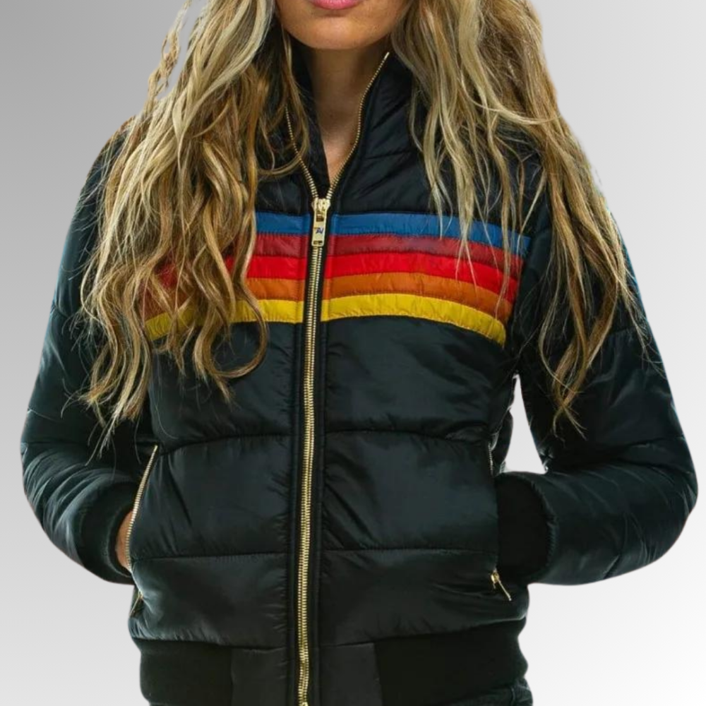 Women’s Retro Color Block Puffer Jacket – Warm Winter Zip-Up Coat