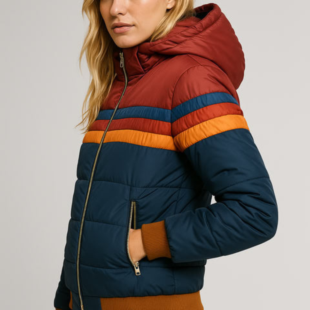 Women’s Retro Color Block Puffer Jacket – Warm Winter Zip-Up Coat
