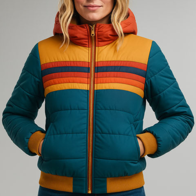 Women’s Retro Color Block Puffer Jacket – Warm Winter Zip-Up Coat
